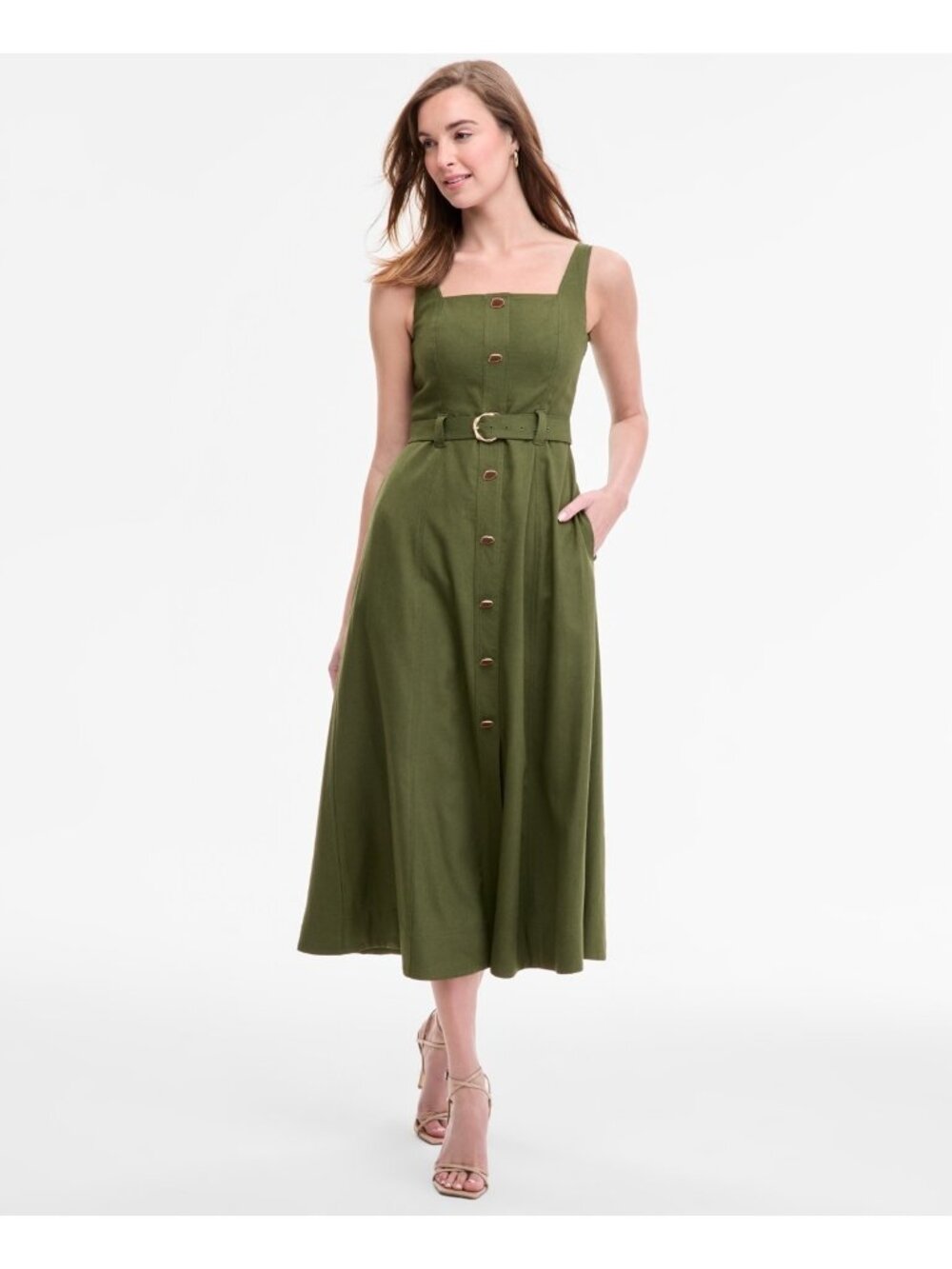 Taylor Women Square-Neck Button-Front A-Line Dress Olive Green Size 2 rayon $138